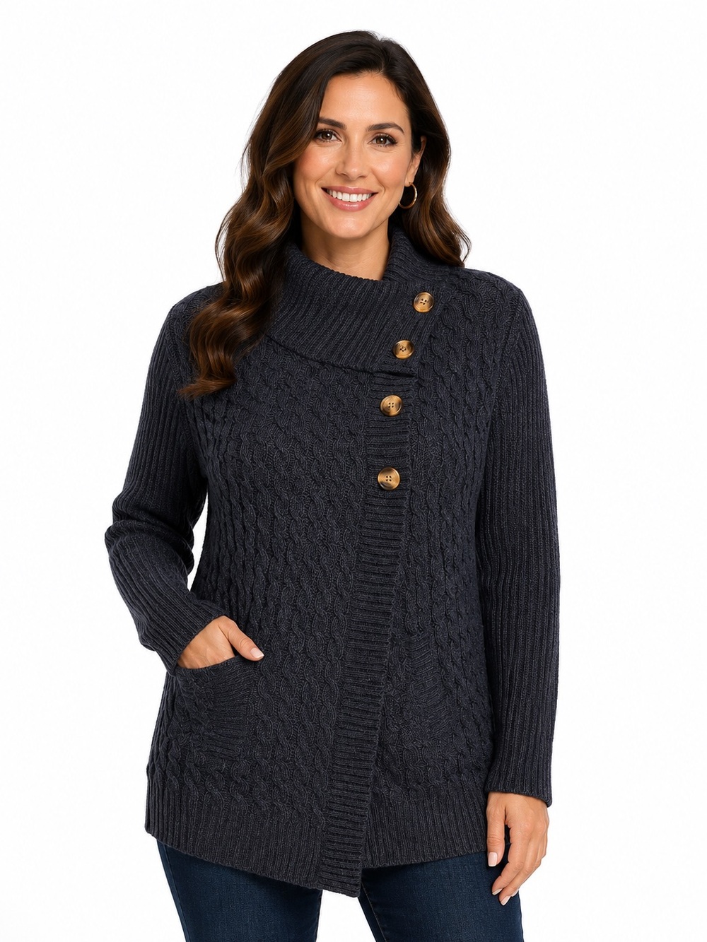 Reitmans Navy Cable Knit Button-Front Cardigan